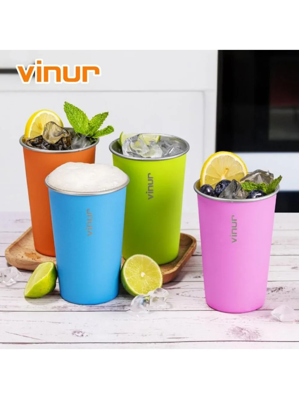 Colorful 16 oz Stainless Steel Stackable Drinking Glasses - Set of 8 Metal Cups